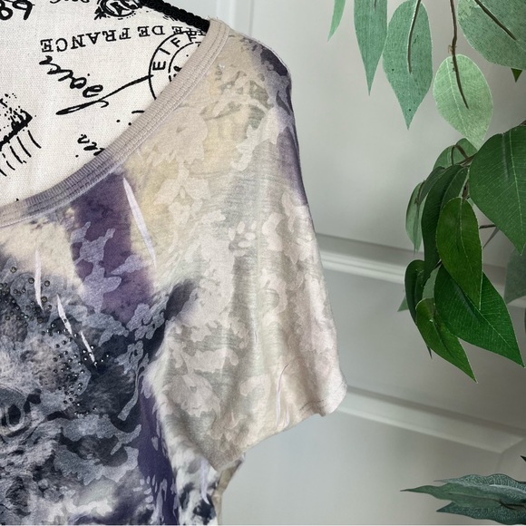 Mandee Short Sleeve Animal Print Rhinestone Sheer Top Cream & Gray Sz L - Picture 2 of 14